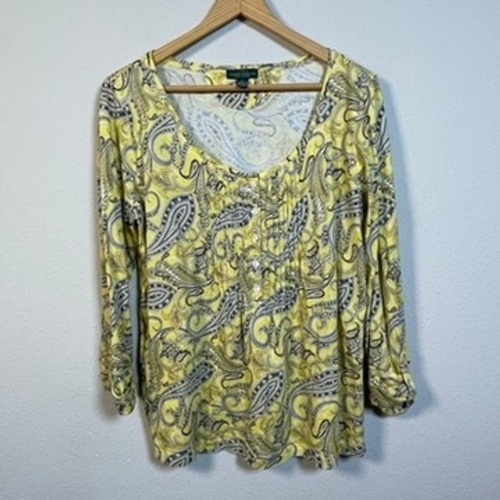 Lauren Ralph Lauren Top Women Large Yellow Paisley Cotton Pintuck Boho 3/4 Slv